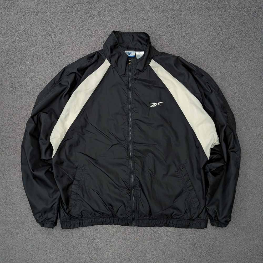 Vintage Reebok Windbreaker Jacket Mens XL Black White Colorblock Full Zip Logo